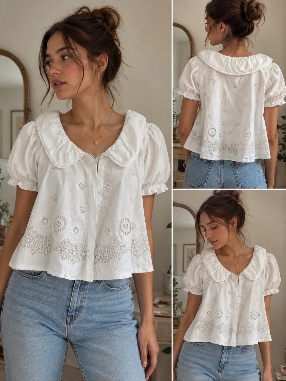 White Eyelet Embroidered Puff Sleeve Peter Pan Collar Babydoll Top Cottagecore